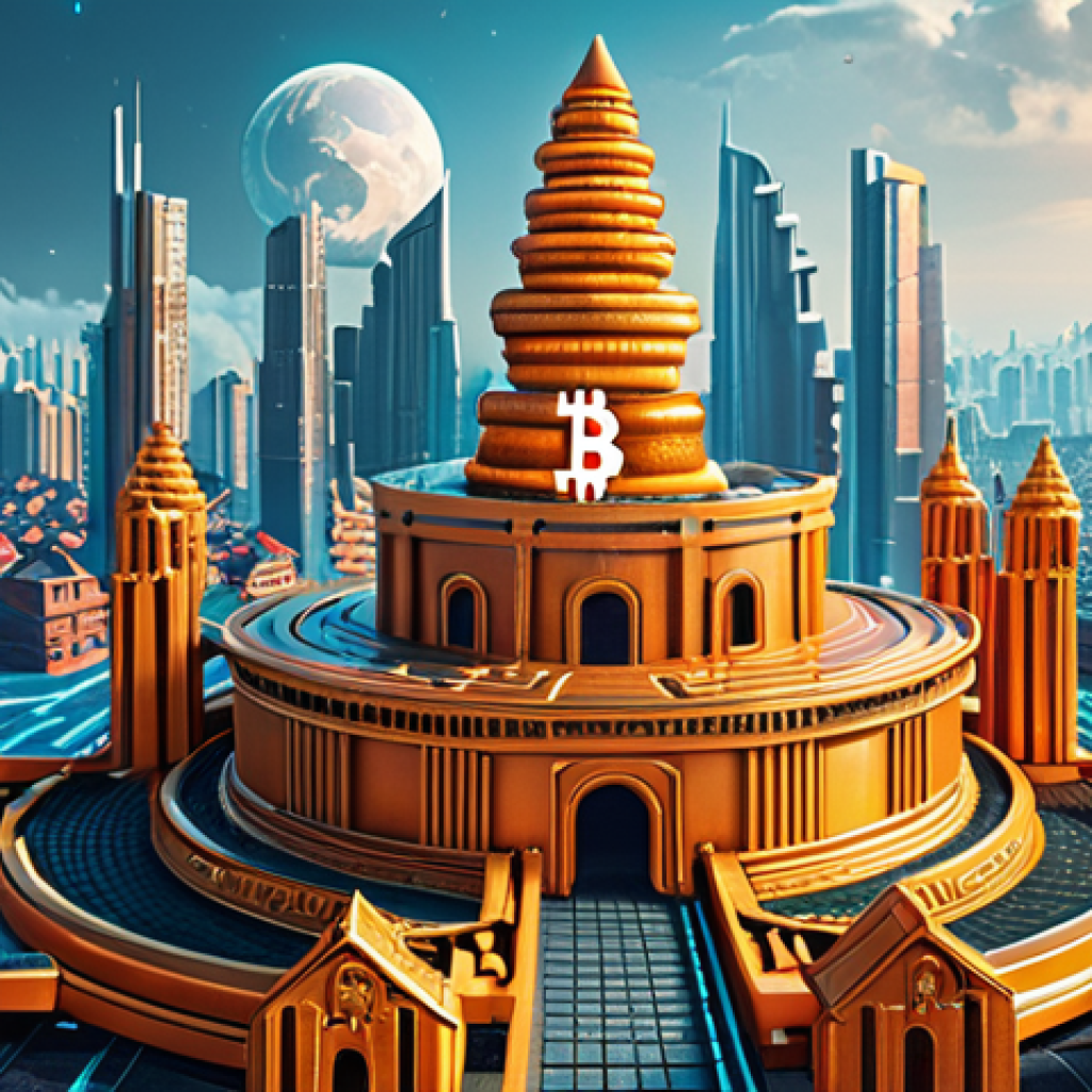 **Image:** A futuristic cityscape where Bitcoin symbols are integrated into the architecture, representing a "digital fortress" against inflation. The scene should also depict subtle Vietnamese cultural elements.