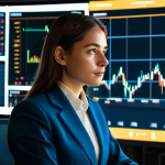 A focused female cryptocurrency analyst in a modest business suit, sitting in a high-tech data analysis room. Multiple holographic screens in front of her display intricate on-chain charts, market data graphs, and glowing digital cryptocurrency symbols. The scene emphasizes data as a valuable asset, with subtle golden light emanating from the screens, reflecting on her face. Professional dress, appropriate attire, fully clothed, safe for work, perfect anatomy, correct proportions, natural pose, well-formed hands, proper finger count, professional photography, high quality.