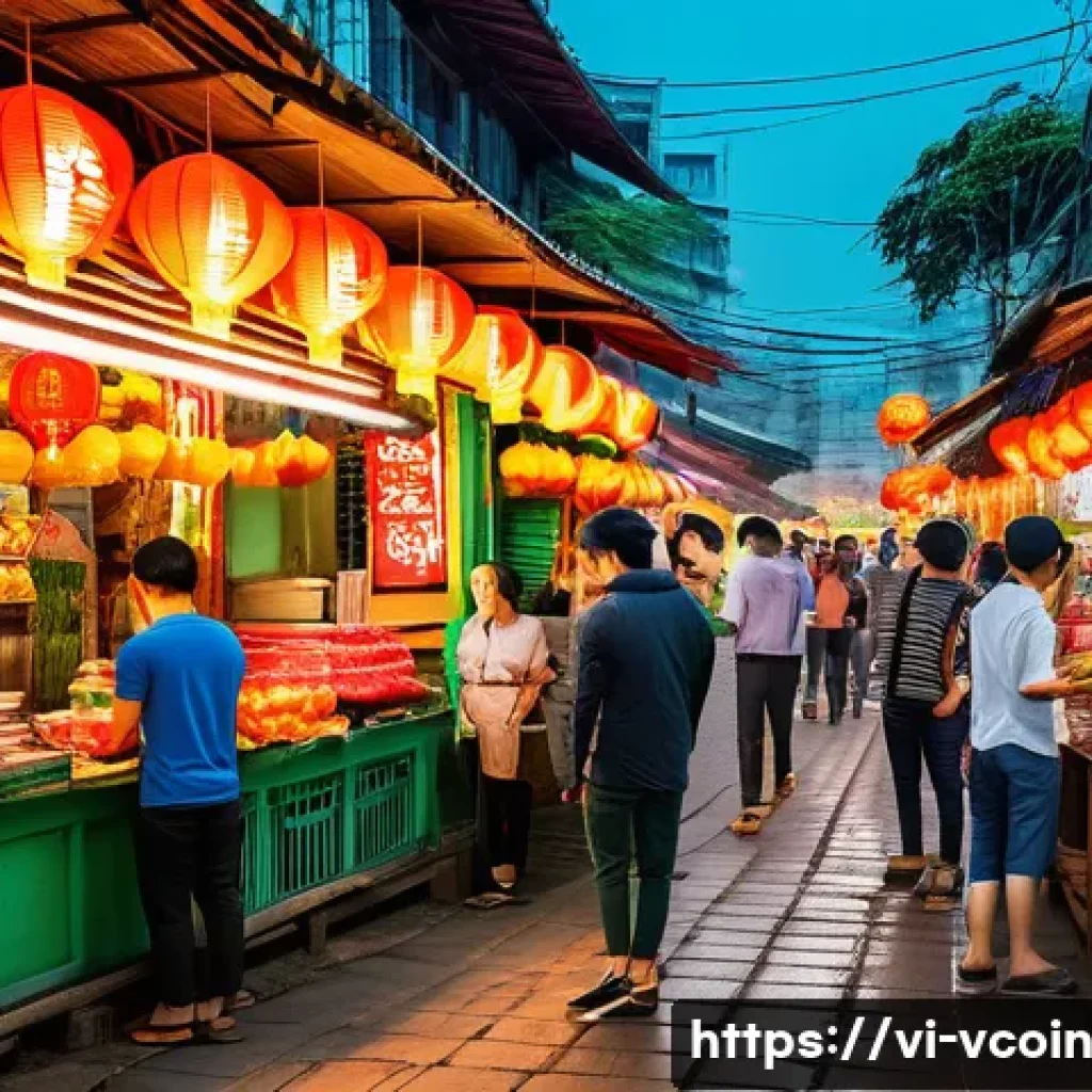 가상화폐와 디지털 자산의 미래 - A vibrant digital marketplace scene in Vietnam showing diverse people using mobile wallets like Momo...