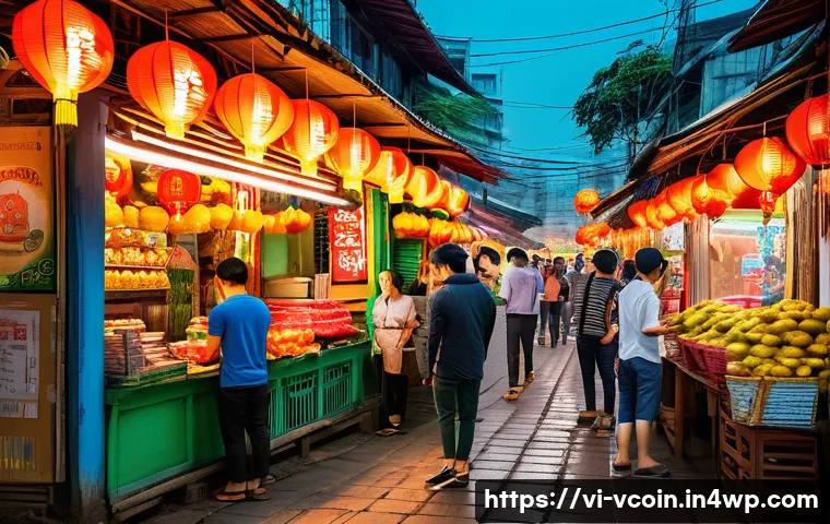 가상화폐와 디지털 자산의 미래 - A vibrant digital marketplace scene in Vietnam showing diverse people using mobile wallets like Momo...