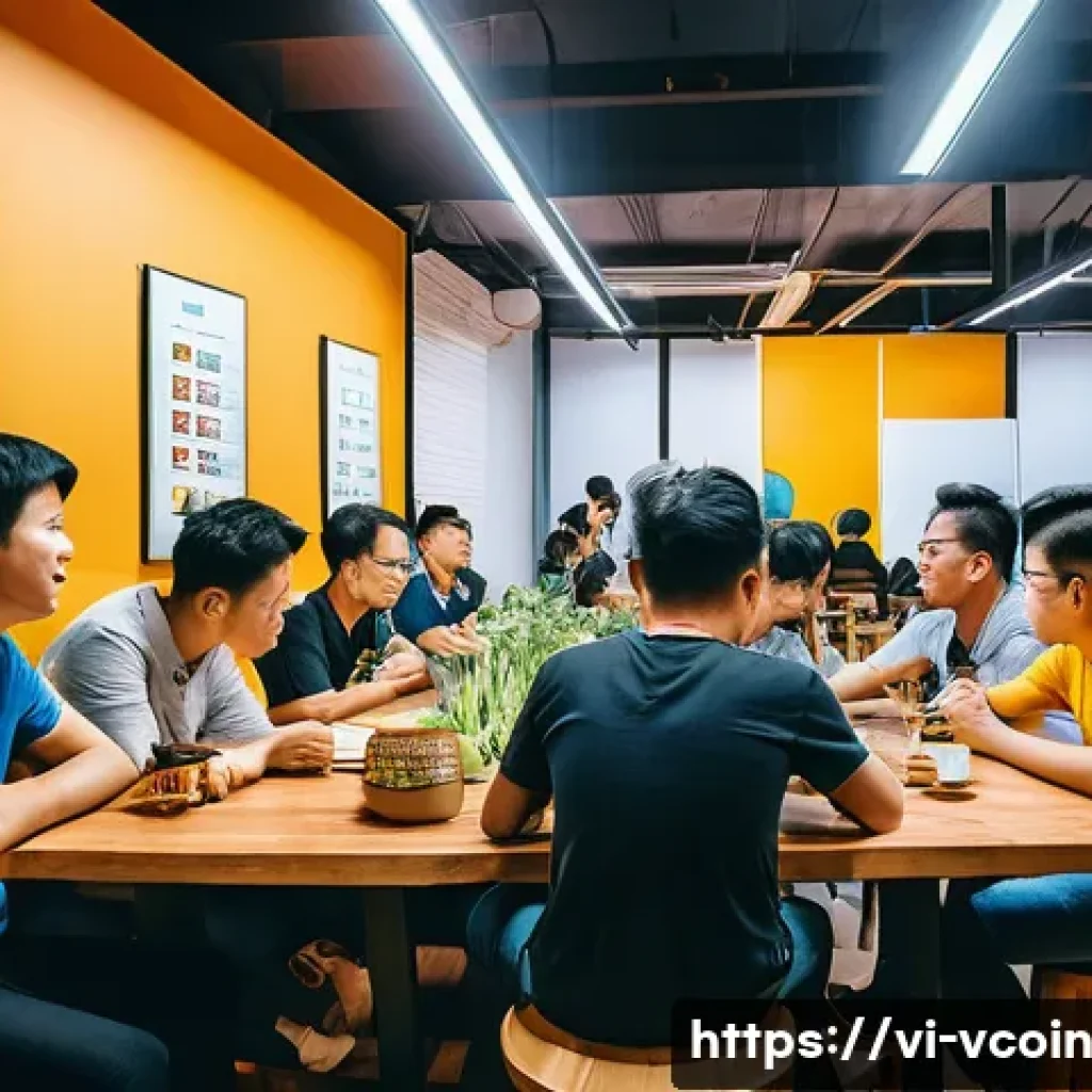 가상화폐 투자자 커뮤니티의 역할 - A vibrant, modern Vietnamese cryptocurrency community gathering in a cozy, tech-savvy coworking spac...