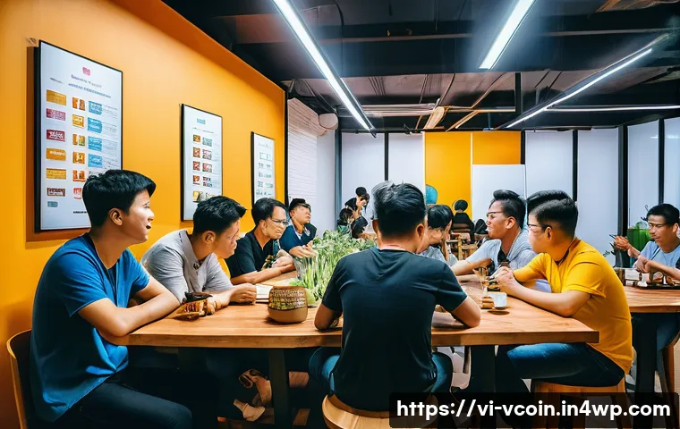 가상화폐 투자자 커뮤니티의 역할 - A vibrant, modern Vietnamese cryptocurrency community gathering in a cozy, tech-savvy coworking spac...