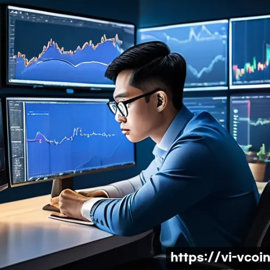 가상화폐 투자자의 심리적 요인 - A detailed digital illustration of a Vietnamese cryptocurrency investor sitting calmly at a modern d...