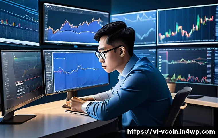 가상화폐 투자자의 심리적 요인 - A detailed digital illustration of a Vietnamese cryptocurrency investor sitting calmly at a modern d...