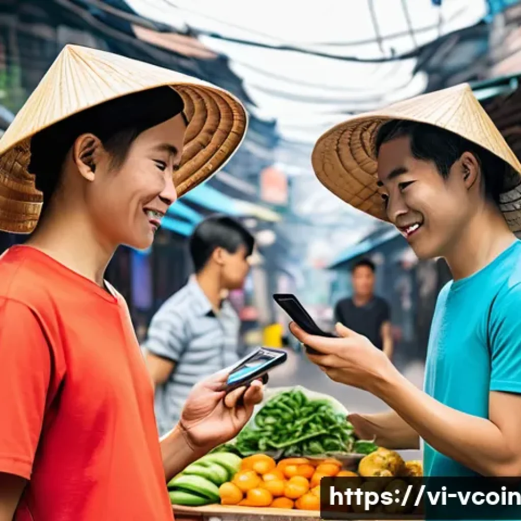 가상화폐의 피어 투 피어 기술 이해 - A vibrant digital marketplace scene set in Vietnam, showcasing diverse Vietnamese users engaging in ...