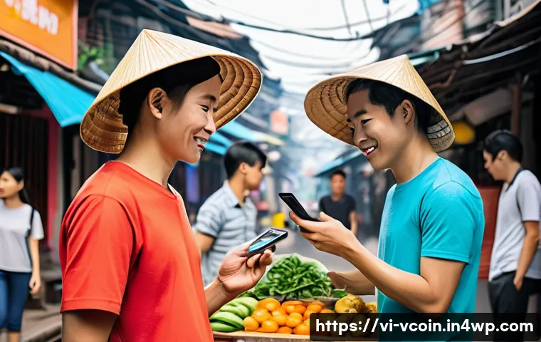 가상화폐의 피어 투 피어 기술 이해 - A vibrant digital marketplace scene set in Vietnam, showcasing diverse Vietnamese users engaging in ...