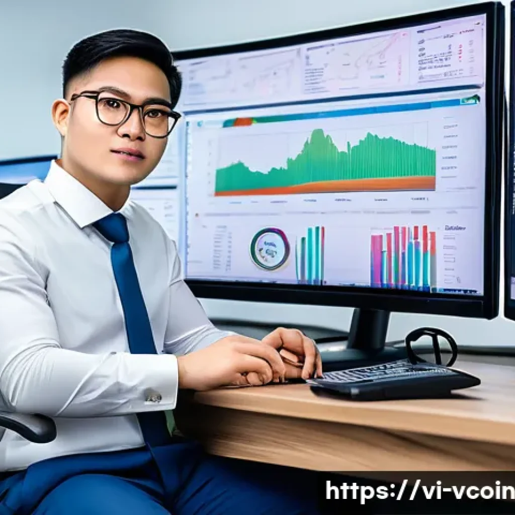 가상화폐 거래소에서의 사기 예방 방법 - A professional Vietnamese cryptocurrency trader sitting at a modern desk with multiple computer moni...