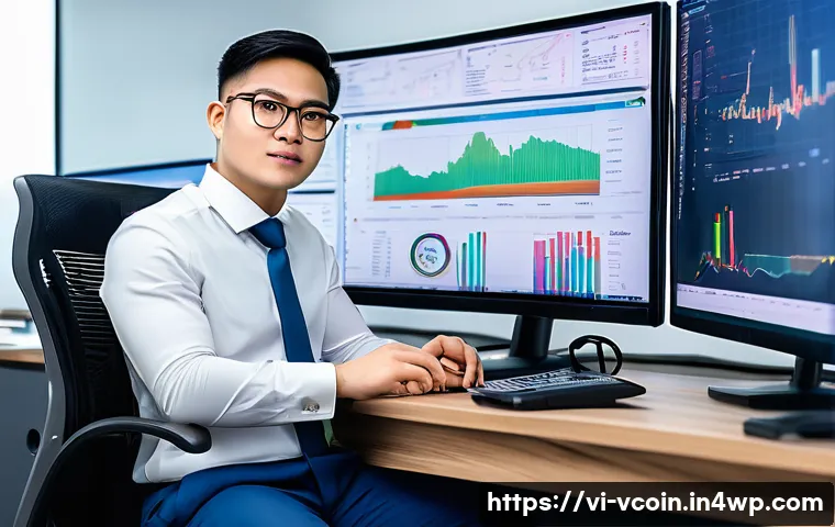 가상화폐 거래소에서의 사기 예방 방법 - A professional Vietnamese cryptocurrency trader sitting at a modern desk with multiple computer moni...