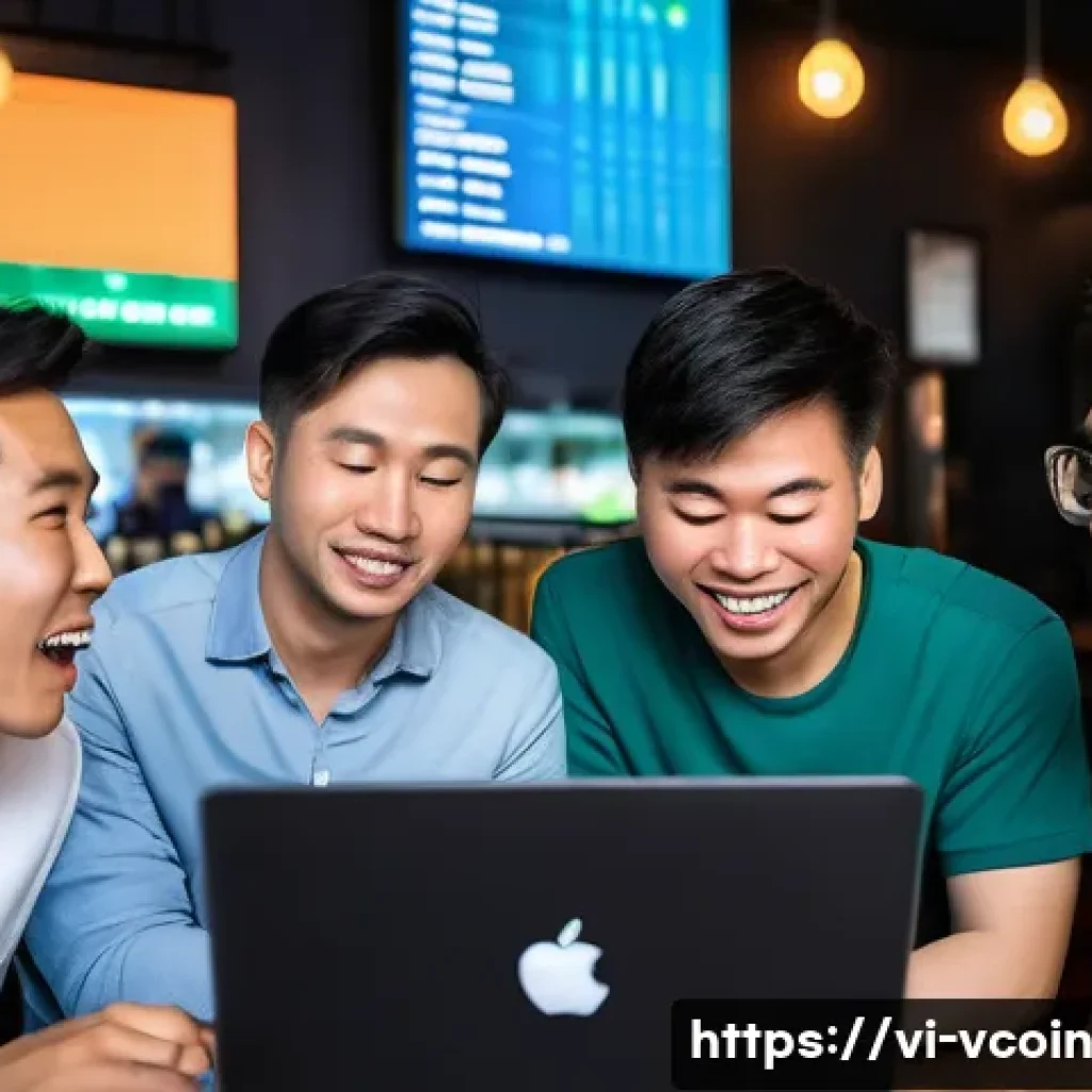 가상화폐의 심리적 영향 요인 - A diverse group of Vietnamese cryptocurrency investors in a modern Hanoi cafe, visibly experiencing ...