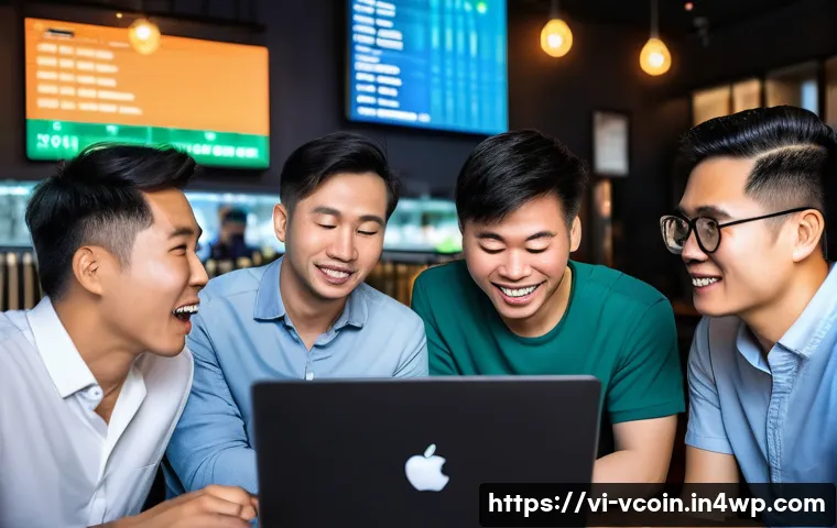 가상화폐의 심리적 영향 요인 - A diverse group of Vietnamese cryptocurrency investors in a modern Hanoi cafe, visibly experiencing ...