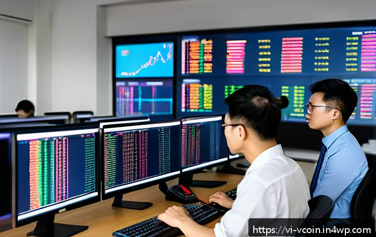 가상화폐의 투자자 심리 연구 - A modern Vietnamese cryptocurrency trading office scene showing a diverse group of young investors a...