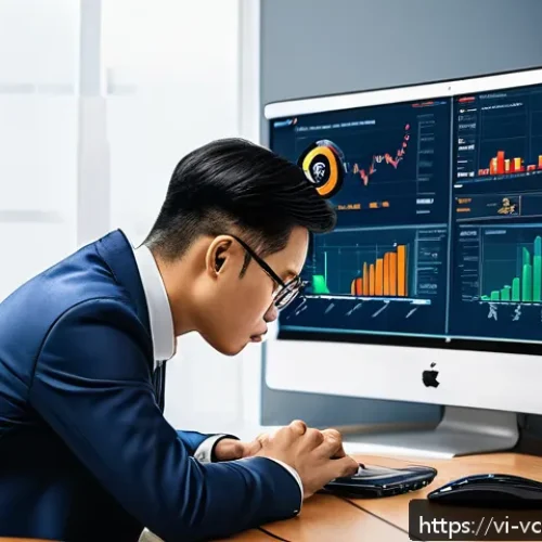 Home 32 가상화폐 사기 사례 및 예방 방법 - A detailed digital illustration of a Vietnamese investor cautiously examining a laptop screen displa...