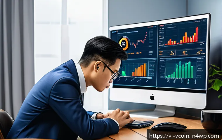 가상화폐 사기 사례 및 예방 방법 - A detailed digital illustration of a Vietnamese investor cautiously examining a laptop screen displa...