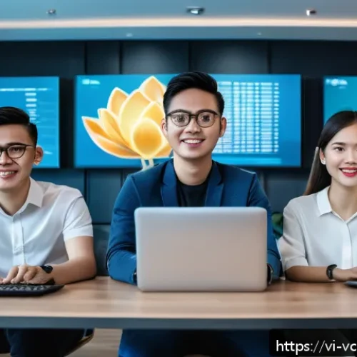 Home 31 가상화폐의 개발자 및 팀 분석 - A modern, diverse team of blockchain developers collaborating in a bright, high-tech office in Ho Ch...