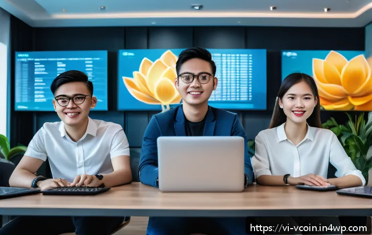 가상화폐의 개발자 및 팀 분석 - A modern, diverse team of blockchain developers collaborating in a bright, high-tech office in Ho Ch...