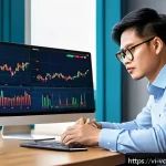 Home 23 가상화폐 사용의 장단점 - A detailed digital illustration of a Vietnamese investor analyzing cryptocurrency market trends on m...