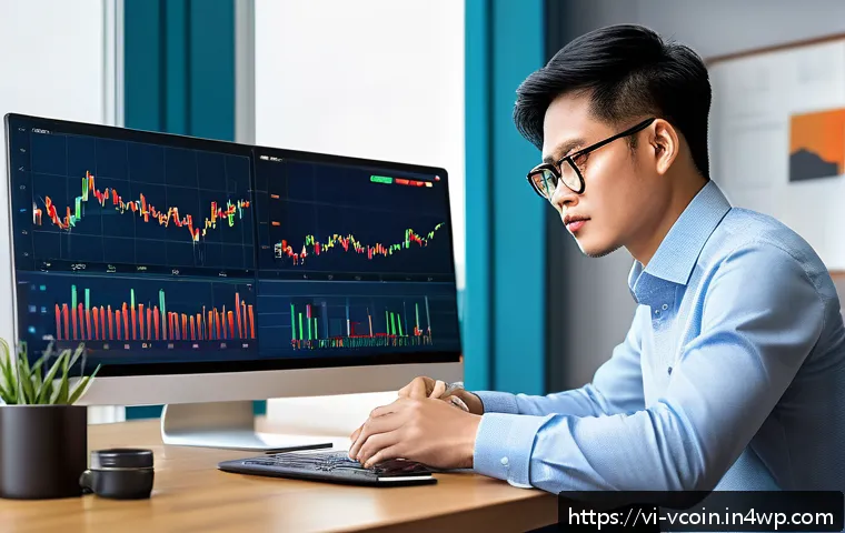가상화폐 사용의 장단점 - A detailed digital illustration of a Vietnamese investor analyzing cryptocurrency market trends on m...